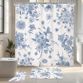 LIGHTINHOME 4 PCS Boho Blue Floral Shower Curtain Vintage Navy Blossom Bird Retro Rustic Farmhouse Chinoiserie 72Wx72H Inch Fabric Bathroom Decor Bathroom Rug Set Bath Mats Nonslip Shower Accessories