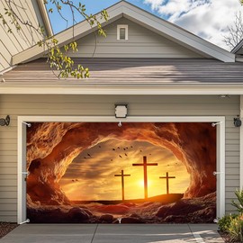 7X8ft Easter Tomb Backdrop Fabric Resurrection of Jesus Christ Cross Empty Tomb Stone Hole Backdrop Holy-Light Sunset Crucifix Christianity Church Easter Events Indoor Outdoor Decor Banner Cover