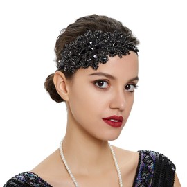 SLSHJY Rhinestone Headband 1920s Great Gatsby Vintage Headpiece Flapper Headband Bride Wedding Hair Accessories for Women (Black-4)