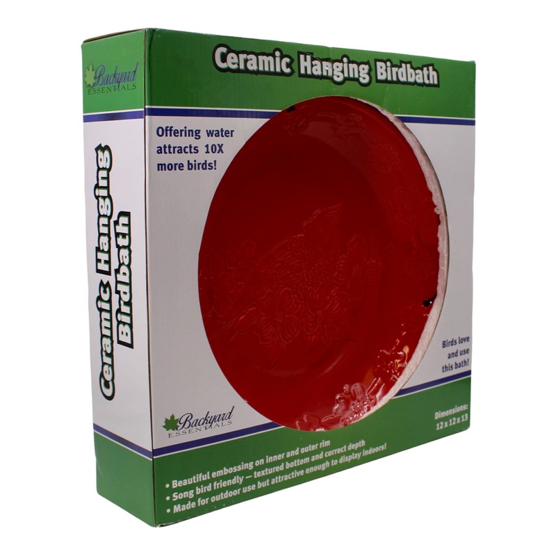 Backyard Essentials Red Ceramic Hanging Birdbath, Black Metal Chain Hanger,