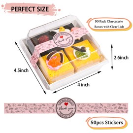 TECARATE Paper Charcuterie Boxes with Clear Lids and Stickers - 50 SETS 4 Inches Square Disposable Food Containers Bakery Boxes for Bakery, Macaron, Sandwich, Slice Cake, Cookies, Hot Cocoa Bombs
