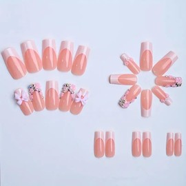 Press on Nails Medium Square Fake Nails Pink False Nails with Flower Design Glue on Nails Rhinestone Full Cover Stick on Nails French Tip Acrylic Nails Bling Artificial Nails for Women Manicure 24Pcs