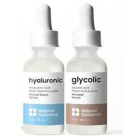 Natural Outcome Hyaluronic Acid and Glycolic Serum - Night and Day Anti Aging Facial Serum and Hydrating Serum Set 1 oz Each, Vegan, Cruelty Free & Fragrance Free