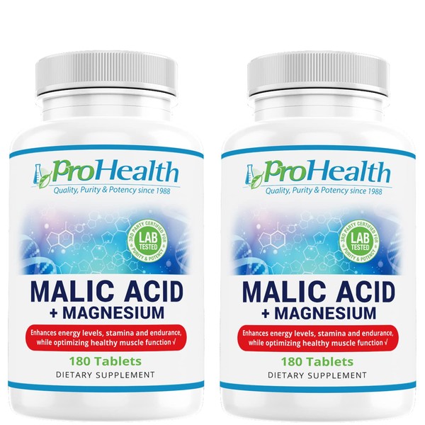 ProHealth Malic Acid + Magnesium 2-Pack (180 Tablets per Bottle) | Malic Acid with Magnesium | Essential for Muscle Relaxation | Malic Acid Promotes ATP | Promotes Proper Muscle Function