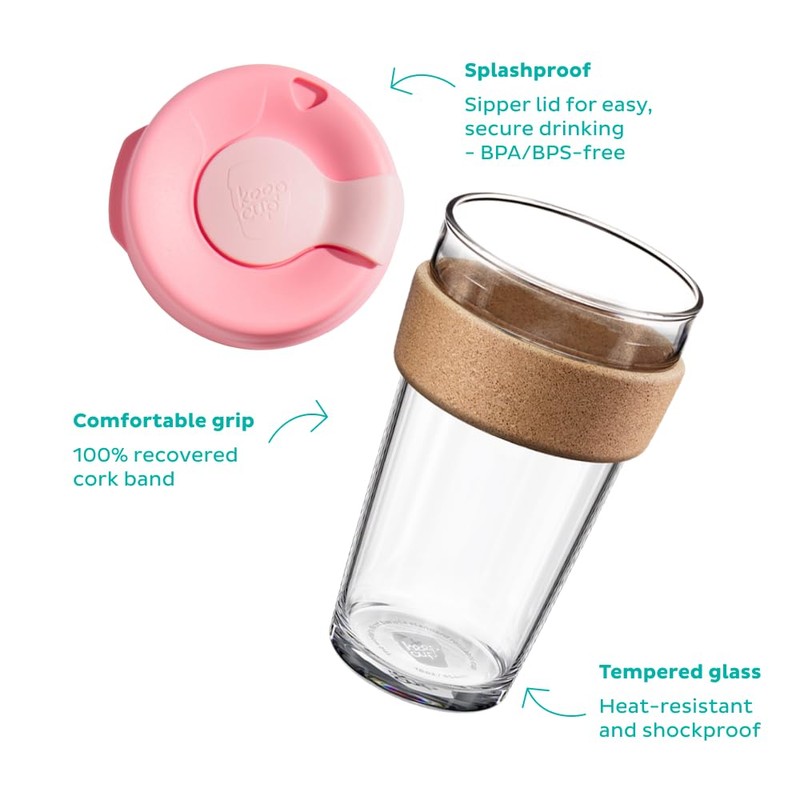 KeepCup Brew Cork, Reusable Glass Tumbler with Natural Cork, Grande