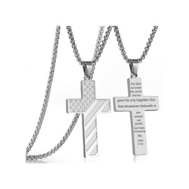 Silver American Flag Cross Necklace for Men Bible Verse,John 3 16 Christian Religious Scriptures Faith Baptism 1st First Communion Cross Pendant Chain for Boys,Father's Day Gifts For Dad Jewelry
