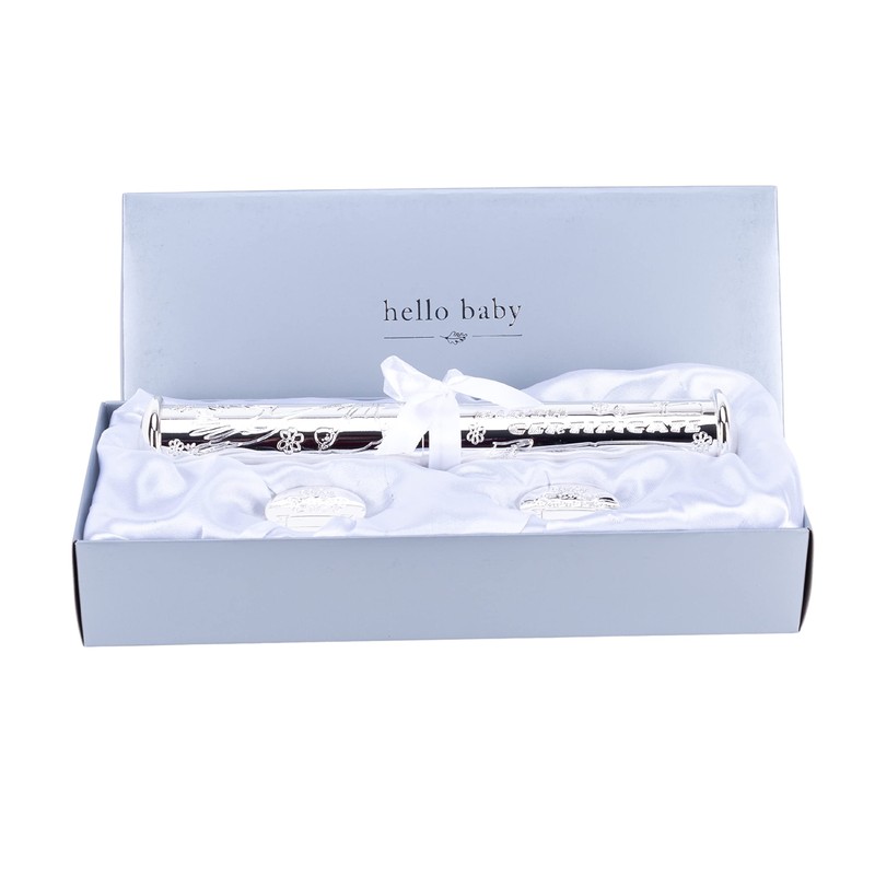 Quality Silver Plated Birth Certificate Scroll Tube and Display Stand