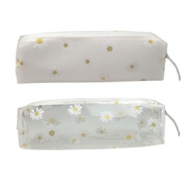 FSSTUD 2 PCS Clear Plastic Daisy Pencil Case Bag Stationery Pouch Makeup Bag Pencil Organizer for School Office