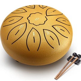 Facmogu 6 Inches 11 Notes Steel Tongue Drum, Handpan Drum Sound Healing Instruments for Meditation, Musical Education, Yoga, Zen, Hand Drum with Bag Mallets Finger Picks Music Book Stickers - Gold