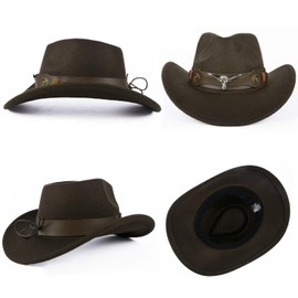 TOLASTO Western Cowboy Hat for Men and Women - Adjustable Wool Felt Wide Brim with Bull Head Ornament, Vintage Outdoor Hat for Rodeo, Country Music Festivals & Bush Adventures, Coffee