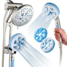 High Pressure 6-in-1 Aquassage by AquaCare - 76-mode 3-way Combo, Showerhead, Hand Shower, Body Brush, Hair Brush & Arm in One! Two Brackets, Extra-long 6 foot Stainless Steel Hose, Brush Head Holder