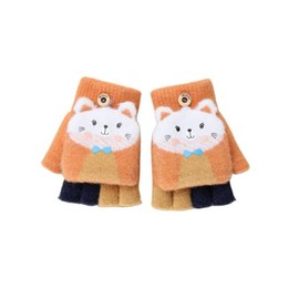 JINTN Kids Cute Cat Winter Warm Glove Boys Girls Knitted Half Finger Mitten Children Flip Top Glove Kids Hand Covers Thermal Mitten Children Xmas Gifts for 4-12 Years Old, Yellow Cat-half Finger