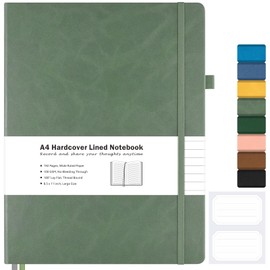 Lined Journal Notebook, 8.5" x 11" Hardcover Leather Notebook for Work, Wide Ruled Notebook Journal for Women Men, 192 Thick Paper, Lay Flat, 2 Pockets, A4 Large Journals for Writing, Green Journal