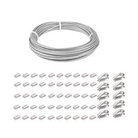 1/16 inch Stainless Steel 316 Aircraft Cable Wire Rope, 7x7 Strand Core 33 FT Length with 50 Aluminum Sleeves and 12 Thimbles for Marine DIY Rigging and Outdoor Use