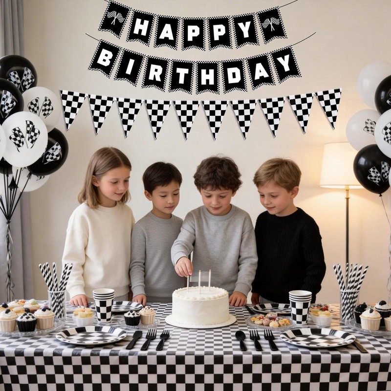 196Pcs Black White Checkered Race Car Party Supplies for 24