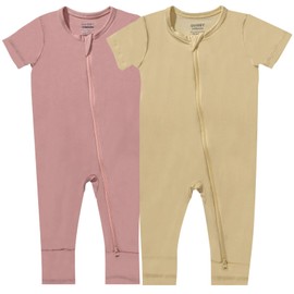 GUISBY Baby Rayon of bamboo Romper Baby Pajamas, Summer Short Sleeve Footless Rompers, 2 Way Zipper Sleeper 2 Piece 12-18 Months