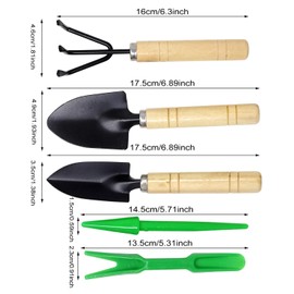 Honbay 5PCS Mini Garden Tool Hand Planting Tools Small Shovel Rake Spade with Wood Handle Plastic Dig Seedling Tool Hole Puncher for Pot Planting Transplanting and Digging