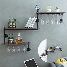 MAIKAILUN Wine Rack Wall Mounted Corner 3 Tier, Hanging Floating Small Mini Bar Liquor Shelves with Glass Holder Storage Under, Industrial Rustic Pipe Farmhouse Kitchen Decor Black