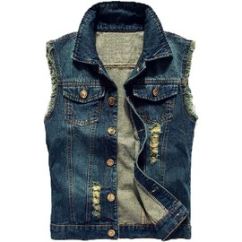 Men's Denim Vest Sleeveless Ripped Jacket Vintage Casual Jeans Vests