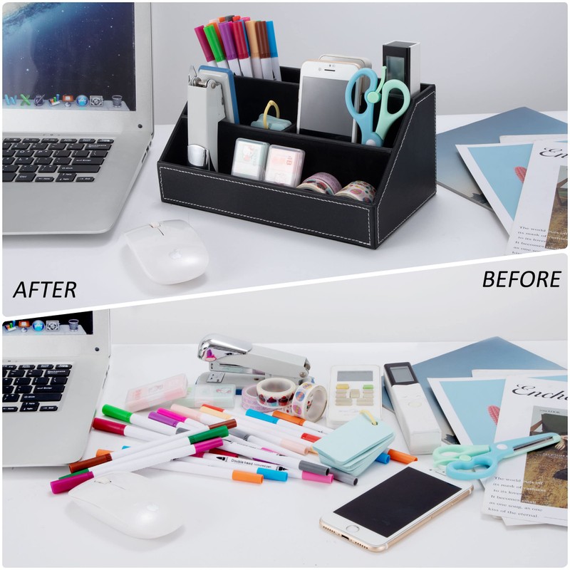 Jesustree Desk Organiser with 5 Compartments, Multifunctional Leather Office Pen