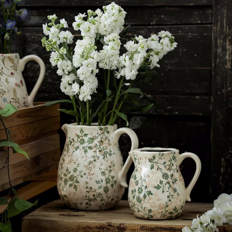 Beige and Green Ceramic Vase, Farmhouse Pitcher Vase with Handle,