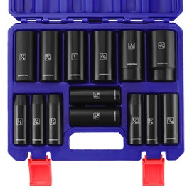 WORKPRO 14-Piece 1/2＂ Drive Deep Impact Socket Set, 6-Point Impact Deep Socket Set with Heavy Duty Storage Case for Automotive and Mechanical Repairs, 3/8"-1-1/4", Cr-V Steel, SAE