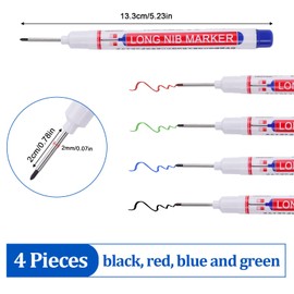 Vaktop Deep Hole Marker, Pack of 4 Drill Hole Markers, 20 mm Tip Depth Hole Marker, Marker Pen for Wood, Plastic, Wall, Metal, Cardboard Construction Site Pen (Black, Blue, Red, Green)