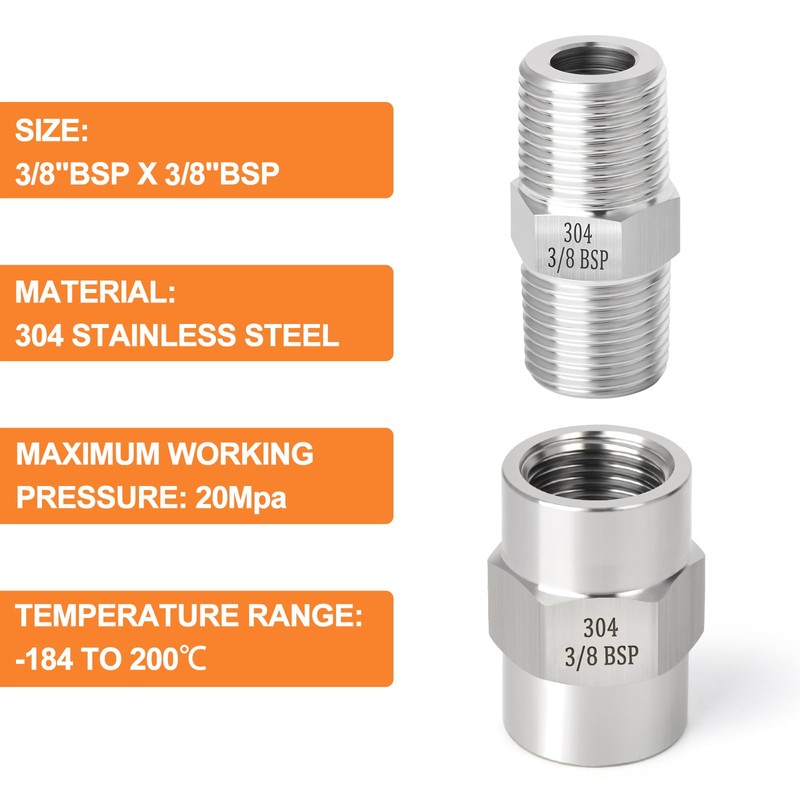 GASHER 4PCS 304 Stainless Steel Pipe Fitting, Hex Nipple Hex