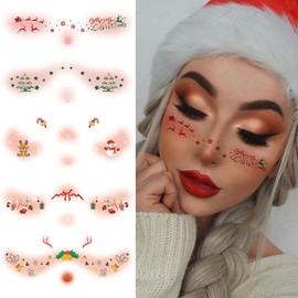 10 Sheets Christmas Blush Face Stickers Cute Reindeer Elk Bows Snowflakes Xmas Tree Temporary Tattoo Self-adhesive Face Sticker Winter Xmas Face Body Decal Stage Makeup Face Decoration