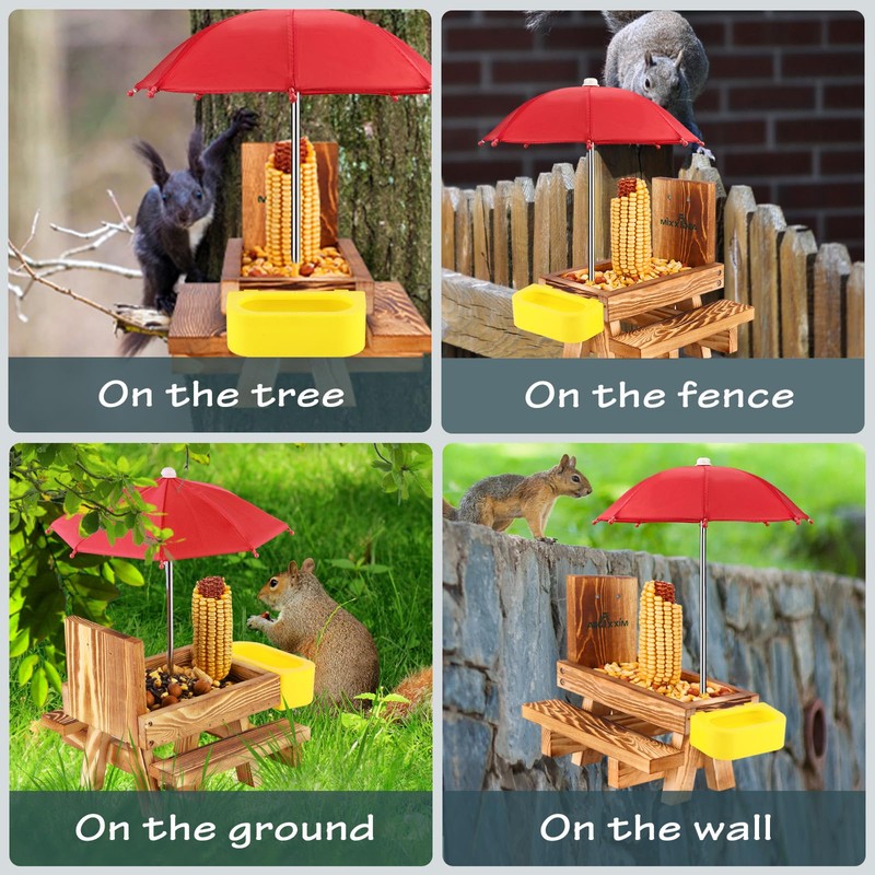 MIXXIDEA Wooden Squirrel Feeder Table with Water Bowl, Squirrel Picnic