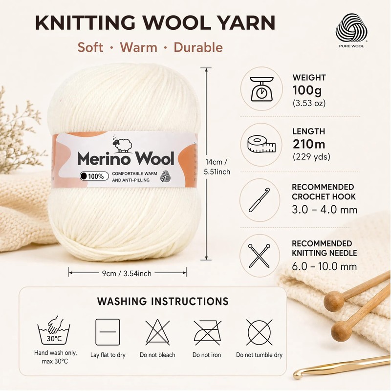 Aeelike Merino Wool Yarn for Knitting and Crochet, 3x100g, Light