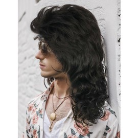 BERON Mullet Wigs for Men 80s Men Wig Black Wig Costume Party Accessory Cosplay Wig with Wig Cap