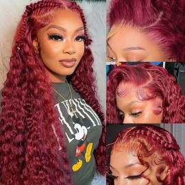 30 Inch 99j Burgundy Lace Front Wigs Human Hair Deep Wave Lace Front Wigs Human Hair Pre Plucked 13x4 Burgundy Wig Human Hair 180% Density Hd Transparent Lace Red Curly Lace Front Wig Human Hair