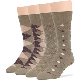 7BIGSTARS KINGDOM Men Viscose From Bamboo Patterned Dress Sock - 4 Pack - Argyle, Geometric -Breathable Casual Crew Fashion Seamless Khaki Assortment - Sock Size 10-13 Shoe 9-12 L