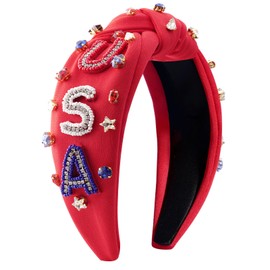 Fourth of July American Flag Headband for Women Girls Red White and Blue USA Hair Accessories Patriotic Knotted Crystal Rhinestone Jeweled Hairband