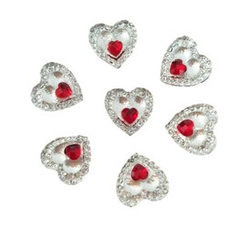 40 x Clear Heart Resin Crystals with Mini Coloured Heart Center Flat Back Diamante Rhinestones Card Making Embellishments for Crafts (Red Centre)