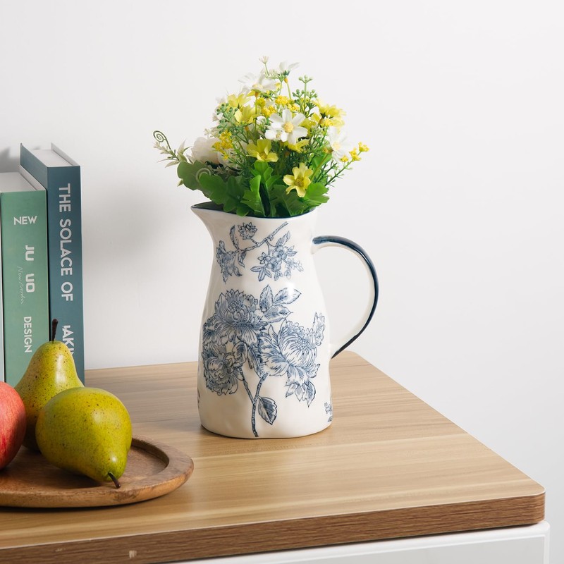 Magclay Ceramic Pitcher Vase, Blue and White Jug for Home
