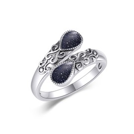 CUPENDA Moonstone Ring for Women Sterling Silver Rainbow Adjustable Band Open Rings Victorian Jewelry Gifts for Girls (Blue Sandstone)