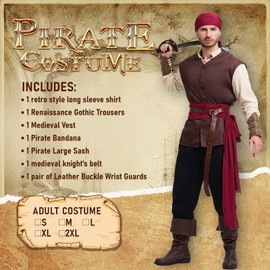 UFLJPKS 7PCS Mens Pirate Costume Renaissance Costume Outfit Medieval Costume Viking Pirate Accessories Vest Shirts Pants Belt Khaki