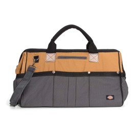 Dickies 20-Inch Durable Canvas Work Bag for Painters, Carpenters, and Builders, Heavy-Duty Zipper, Reinforced Handles, Exterior Pockets, Shoulder Strap, Tan/Grey