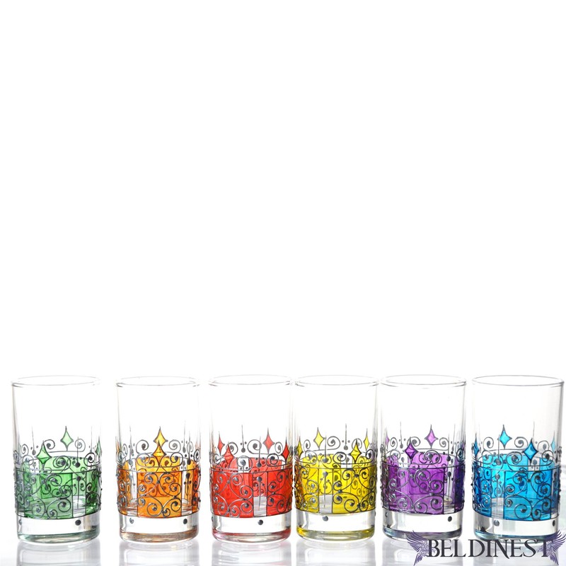 Hand Painted 6 Cups/Tea Glasses, Moorish Unique Decorative Glasses