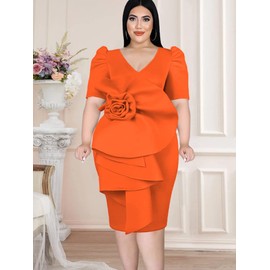 ONTINVA Women V-Neck Flower Short Sleeve Ruffle Formal Party Dress Work Office Cocktail Dresses (Orange,M,Medium)