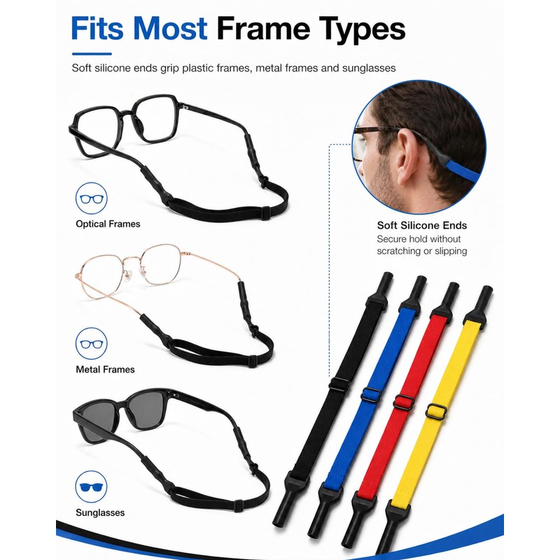 DLPRK Pack of 4 Adjustable Glasses Straps Non-Slip Sports Glasses