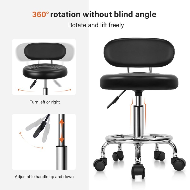 KKTONER PU Leather Modern Rolling Stool with Low Back Height