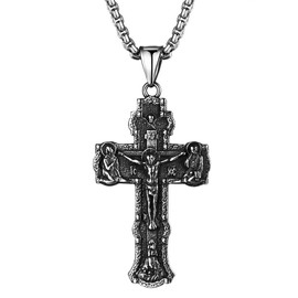 Aroncent Mens Orthodox Cross Necklace: Vintage Jesus Crucifix Pendant - Religious Byzantine Stainless Steel Necklace with 23.6" Chain - Silver