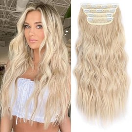 Clip in Long Wavy Synthetic Hair Extension 24 Inch 4PCS 220g Thick Hairpieces Fiber Double Weft Hair for Women (Blonde 24")