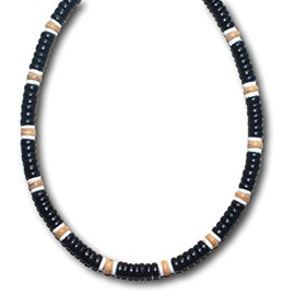 Native Treasure 17" Mens and Womens Summer Beach Surfer Necklace From the Philippines, Black Coconut Beads and White Ark Shells, Mens Summer Necklace