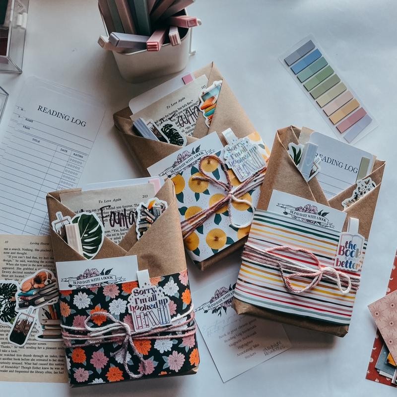 Blind date with a book with stickers, handmade magnetic bookmark,