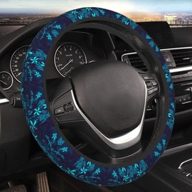 Polynesian Teal Tribal Leaf Floral Car Steering Wheel Cover for Women Men Stretch Cloth Anti-Slip Wrap Protector Case Fit Universal Auto Accessories Decor Sweat Absorption 14-15 Inch