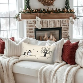 MOFUYU Christmas Pillow Coverss 12x20,Snowman Christmas Decorations,Rustic Winter Xmas Snowflake Lumbar Pillow Coverss Decorative for Bedroom Living Room Home Sofa Couch
